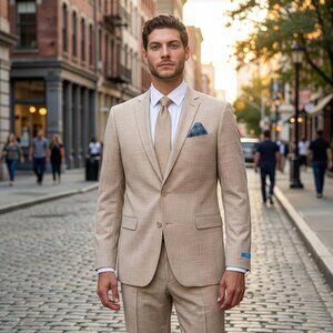 New 2026 Mens 2pc Crosshatched Sharkskin Light Beige Suit Set, Hybrid Fit (H1)